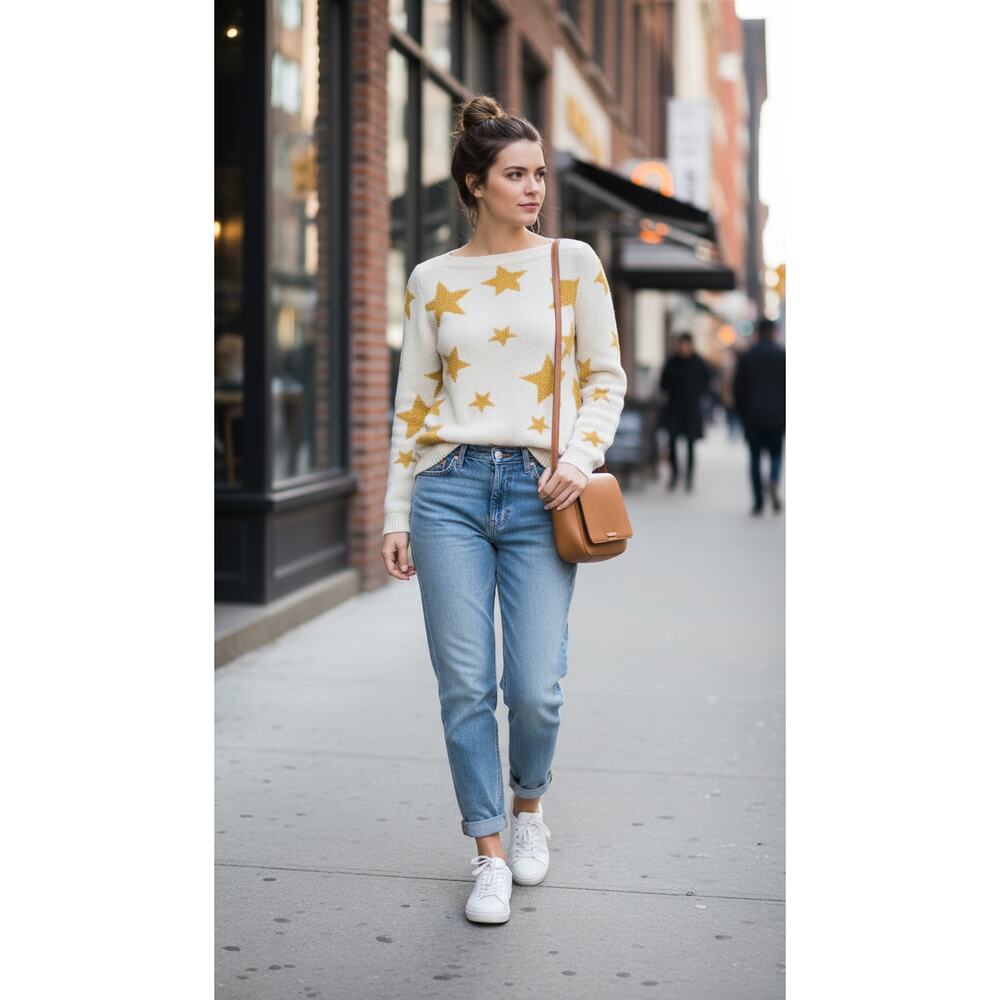 Golden Yellow Star Sweater Medium Cream Cotton Celestial Statement Timeless